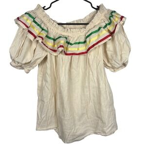 Vintage Off Shoulder Top Ruffle Smocked Neckline Embroidered Ribbon Raw Hem